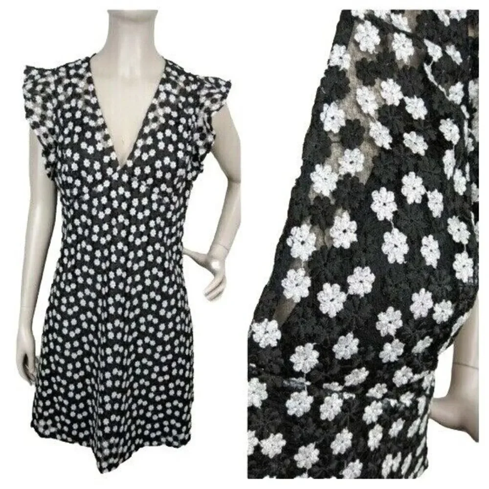 Michael Kors Daisy Floral Mesh Lace Flutter Sleeve Deep V-Neck Mini Dress NEW